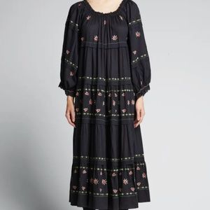 THE GREAT. Black Maxi Dress with Pink Floral Embroidery